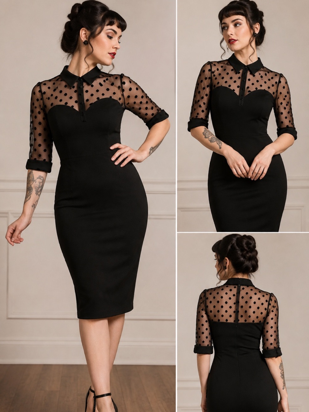 Collectif Black Sheer Polka Dot Yoke Midi Dress
